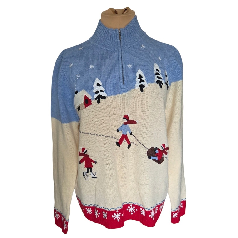 Charter Club Vintage 90's Womens XL Lambswool Winter Scene Quarter Zip Sweater